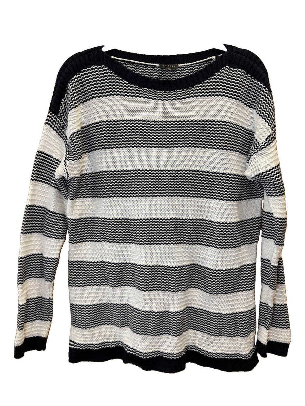 Talbots Women’s XL Navy Cream Striped 100% Cotton Knit Pullover Sweater